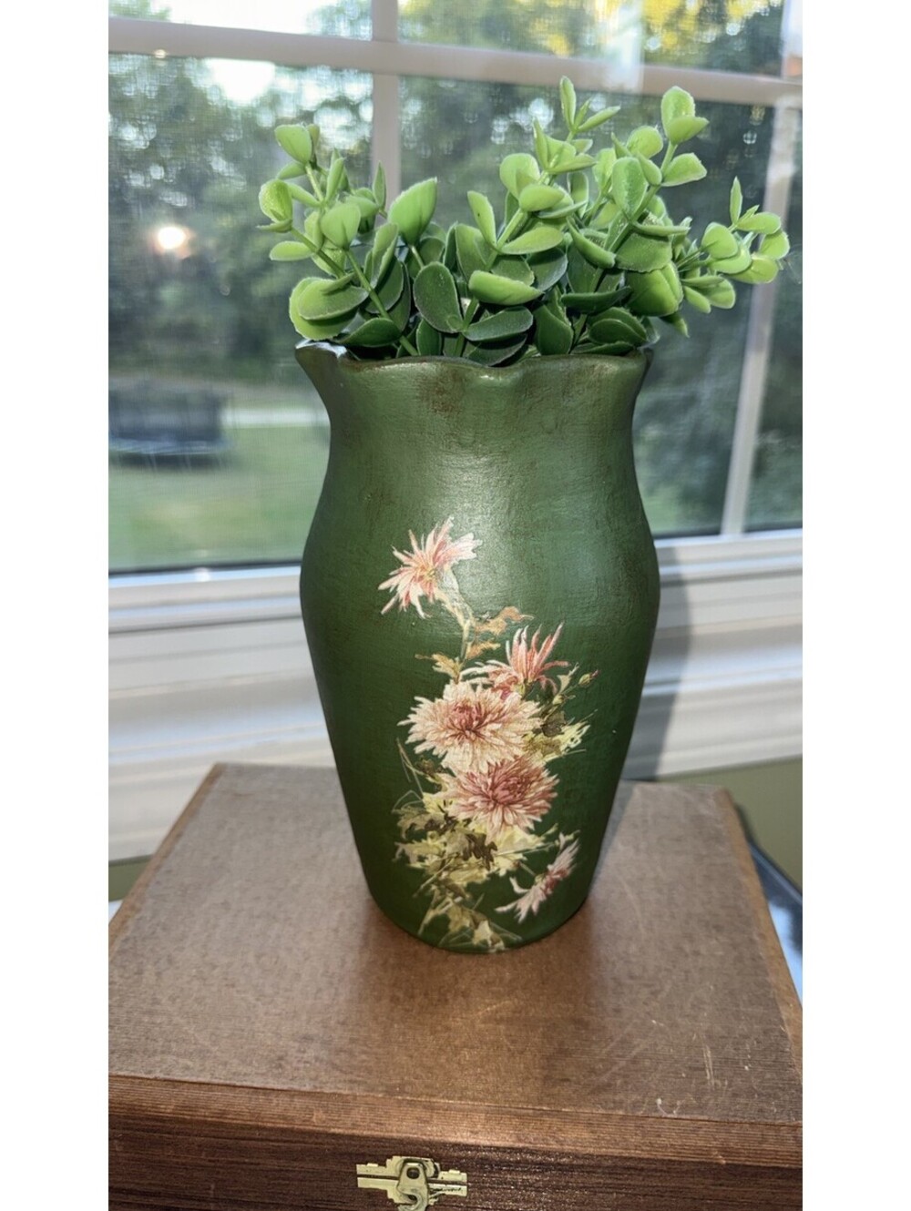 Green Ceramic Floral Vase, decorative scalloped rim, 8 in, cottagecore